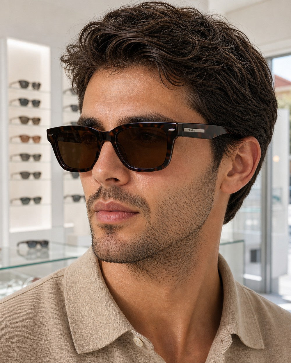 Modelo con gafas de sol Prada en una óptica contemporánea