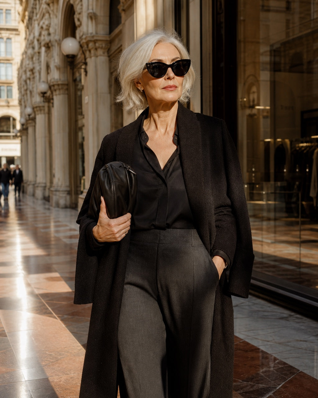 Mujer con gafas de sol en una galería urbana italiana