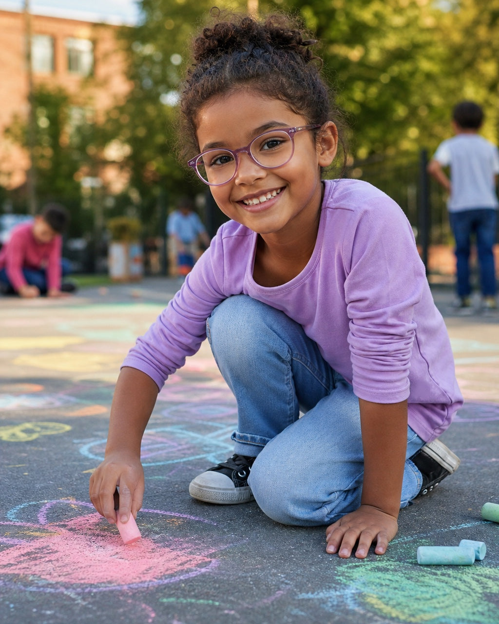 Niña con gafas graduadas jugando al aire libre