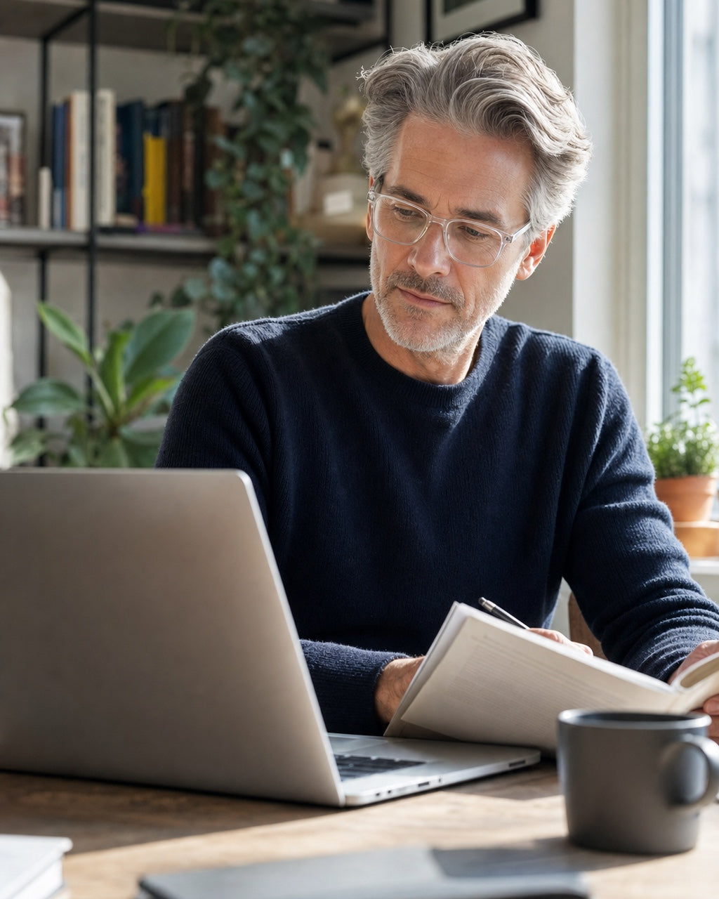 Usuario con gafas progresivas trabajando entre portátil y lectura