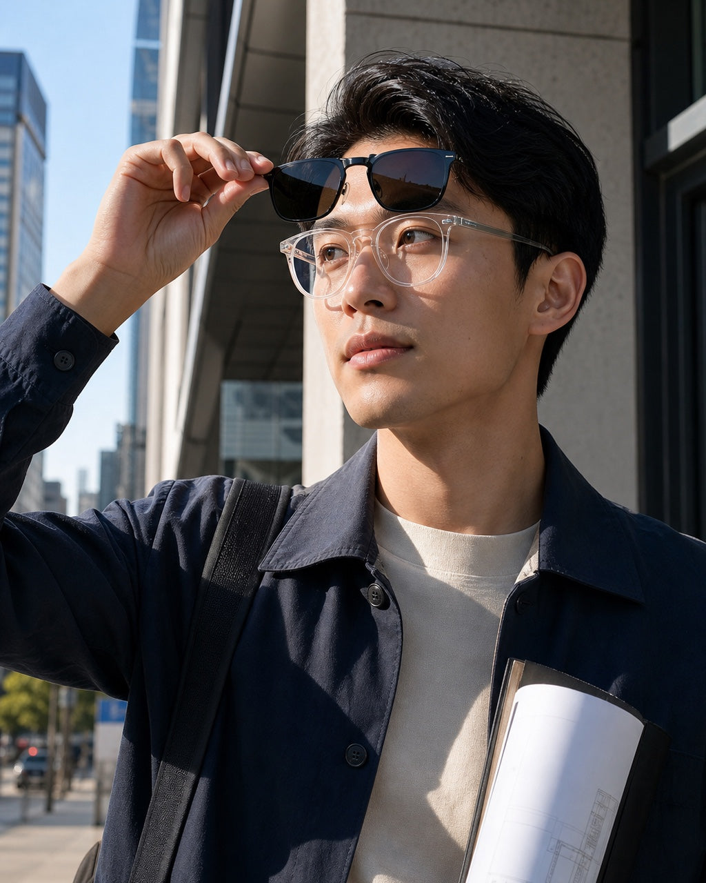 Usuario retirando el clip solar de sus gafas graduadas