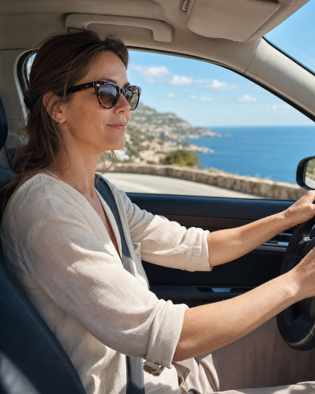 Conductora utilizando gafas de sol en una carretera costera