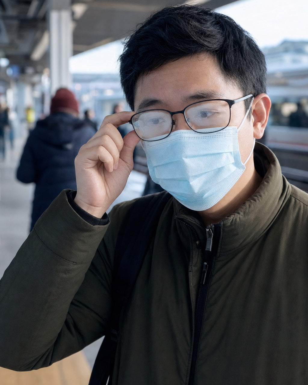 Usuario ajustando sus gafas mientras lleva mascarilla