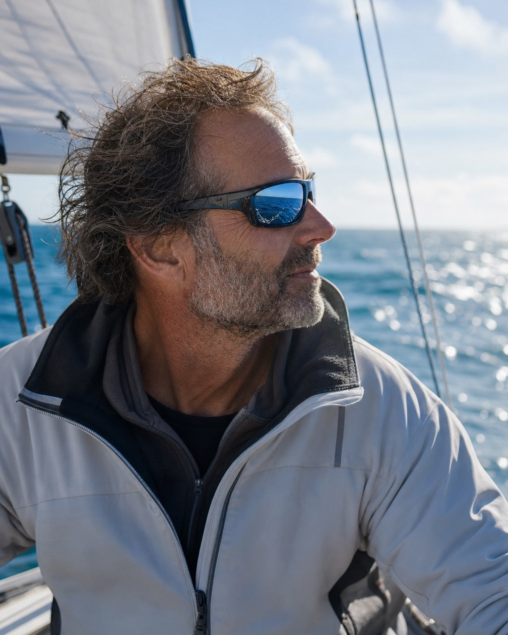 Navegante con gafas polarizadas ante el reflejo del mar