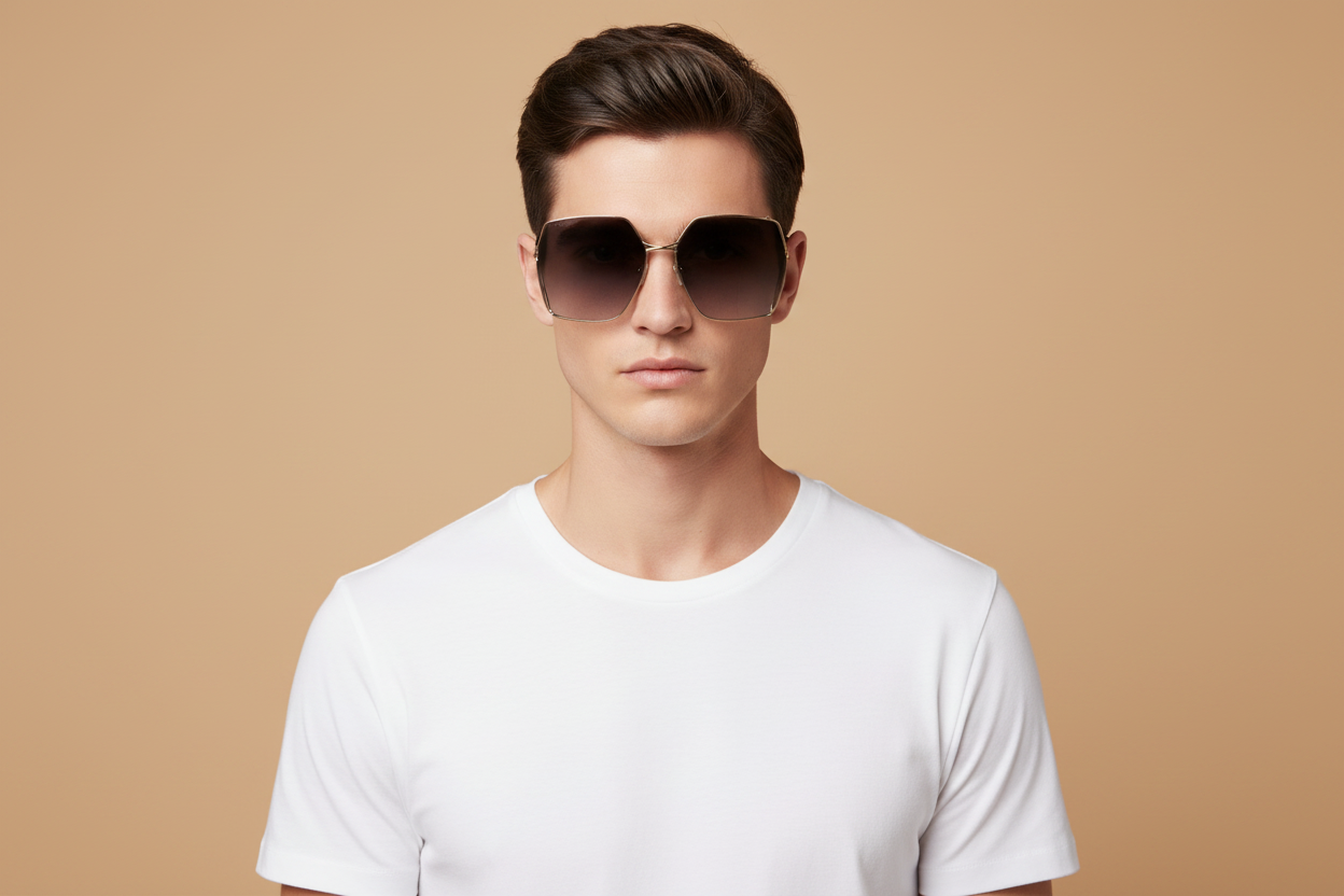 Male model wearing Sunglasses Gucci GG0817 001 65 17