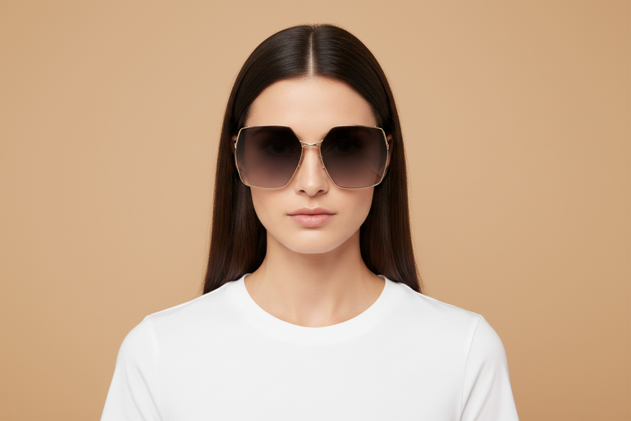 Female model wearing Sunglasses Gucci GG0817 001 65 17