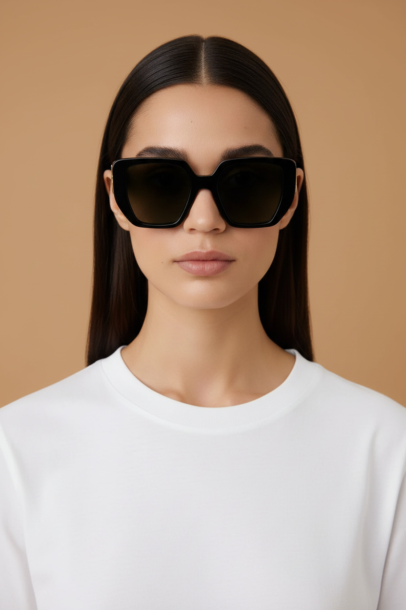 Weibliches Modell trägt Sonnenbrillen Gucci GG0956 001 54 19