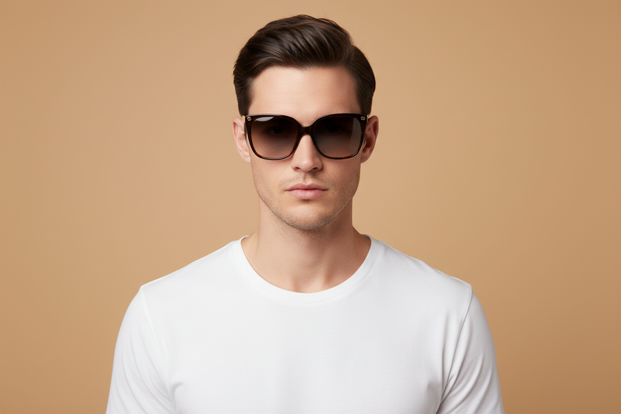 Male model wearing Sunglasses Gucci GG0022 003 57 18