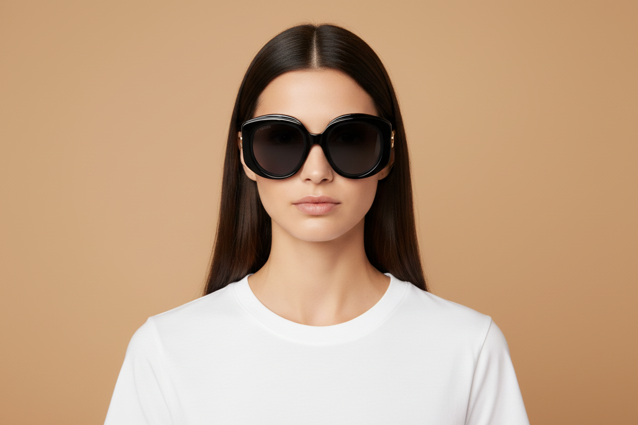 Weibliches Modell trägt Sonnenbrillen Gucci GG1308 001 53 23