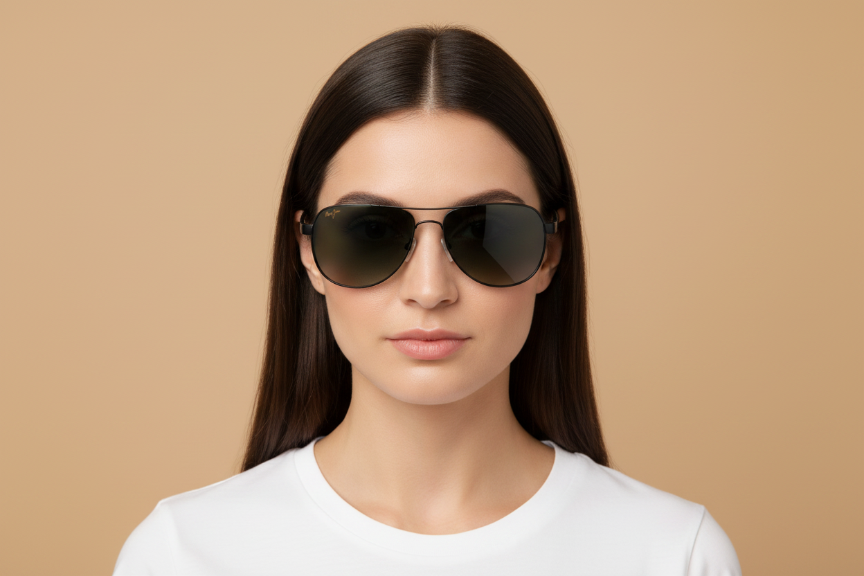 Modelo femenino llevando Gafas de Sol Maui Jim Guardrails MJ327 02 58 17