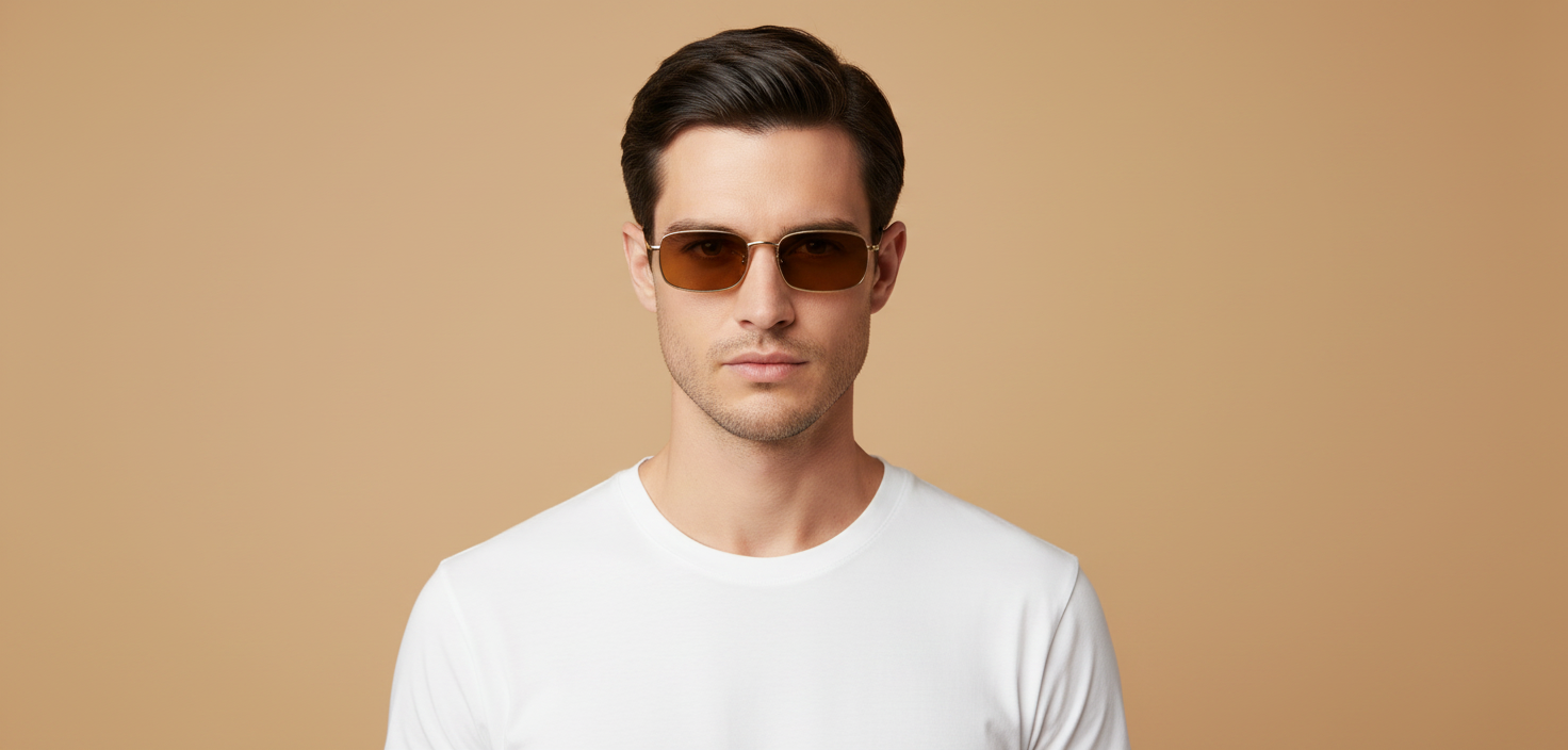 Männliches Modell trägt Sonnenbrille Oliver Peoples Tk-14 OV1364ST 503553 53 18