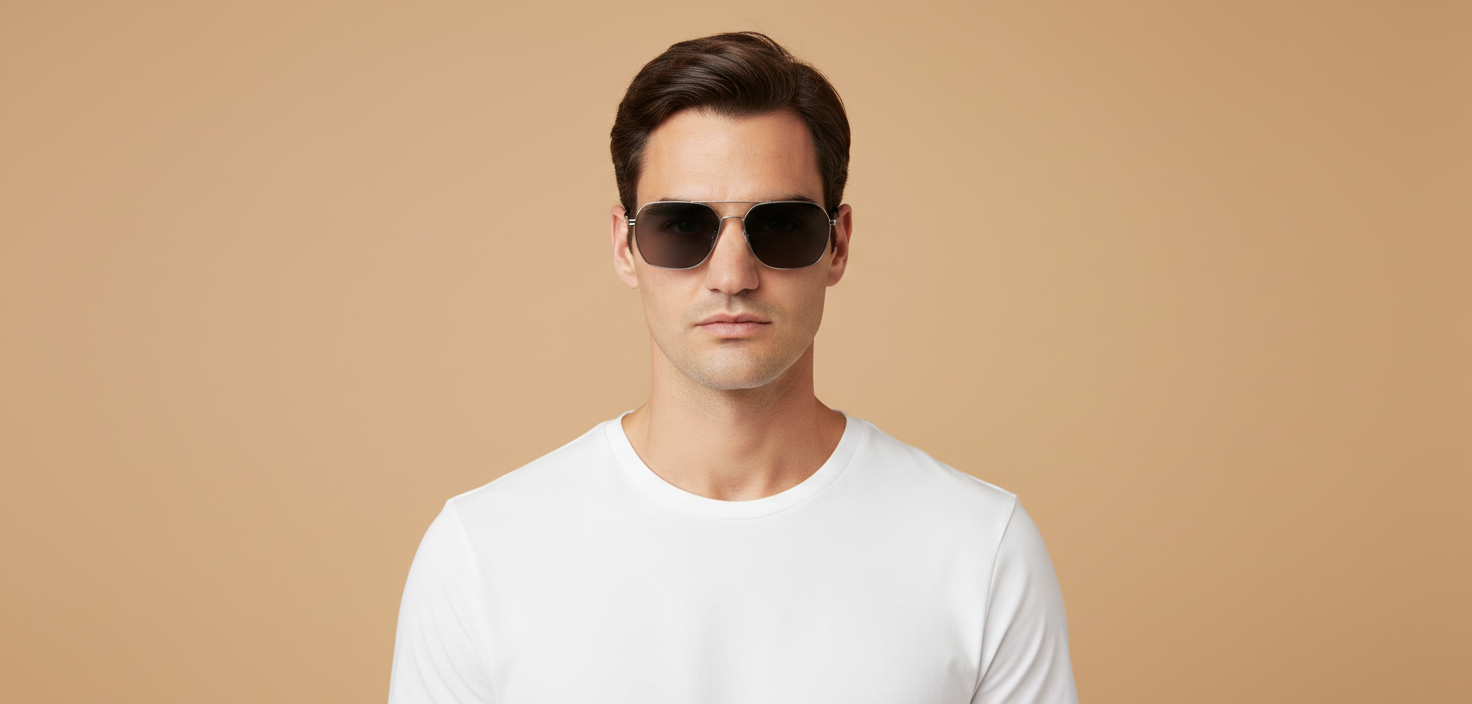 Männliches Modell trägt Sonnenbrille Oliver Peoples R-17 OV1377S 503627 58 15
