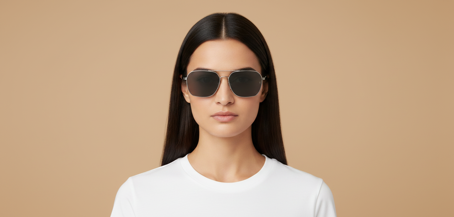 Weibliches Modell trägt Sonnenbrille Oliver Peoples R-17 OV1377S 503627 58 15