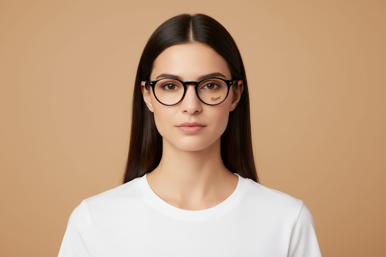 Female model wearing Prescription Glasses Persol PO3092 9014 50 19