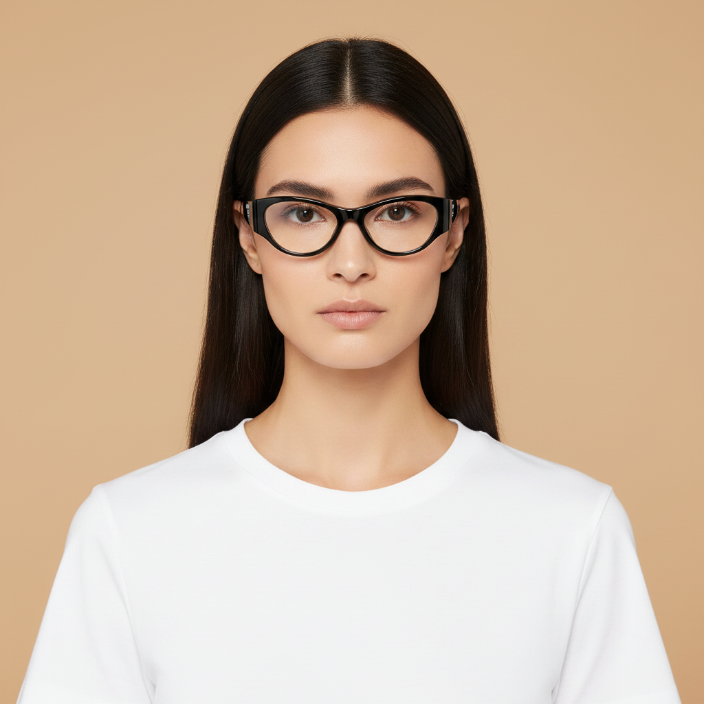 Modelo femenino llevando Gafas Graduadas Prada PR06ZV 1AB1O1 52 17