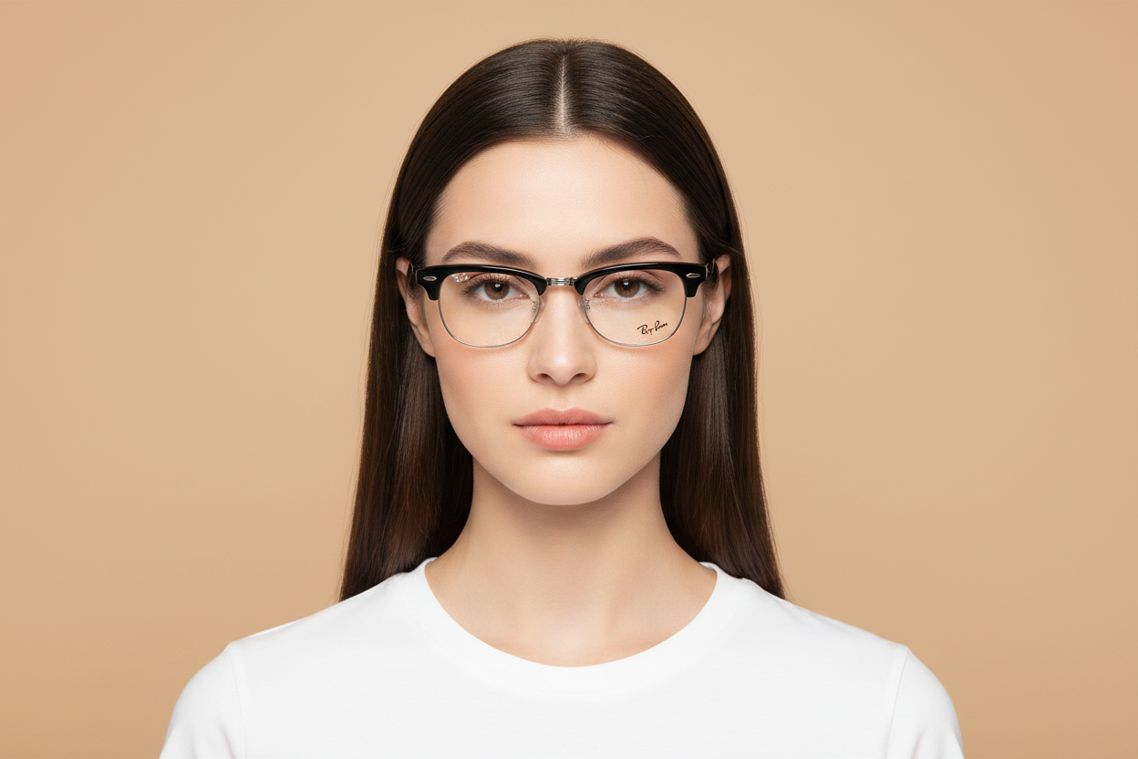 Female model wearing Prescription Glasses Ray-Ban Clubmaster RX5154 2000 49 21