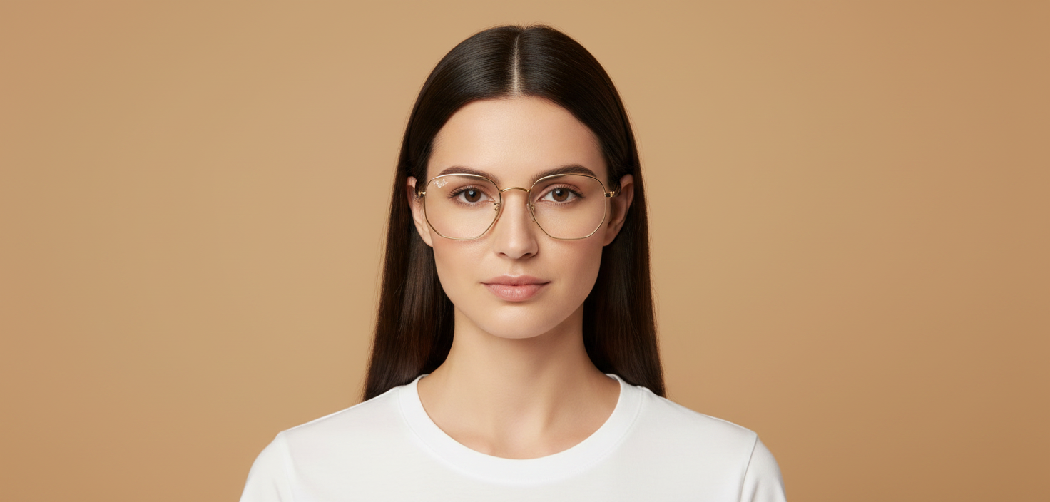 Weibliches Modell trägt Korrektionsbrillen Ray-Ban Hexagonal RX6448 2500 48 21