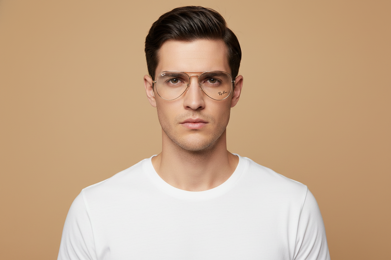 Male model wearing Prescription Glasses Ray-Ban Aviator RX6489 2500 55 14
