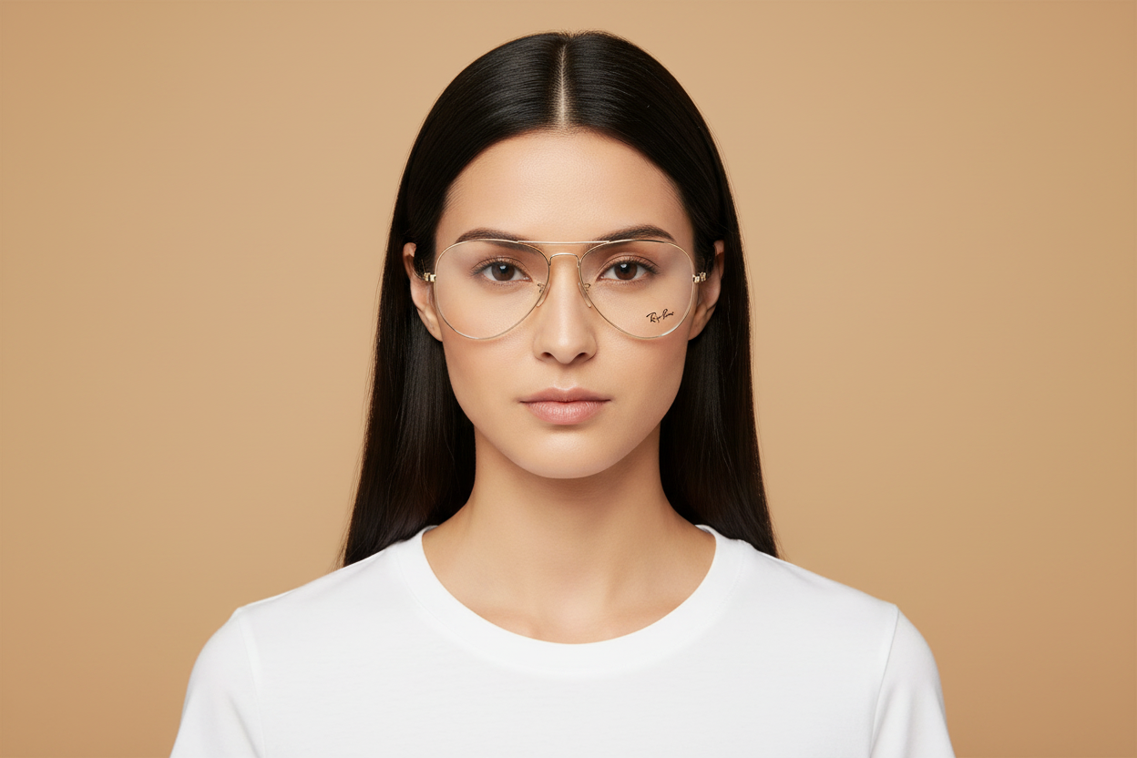 Female model wearing Prescription Glasses Ray-Ban Aviator RX6489 2500 55 14