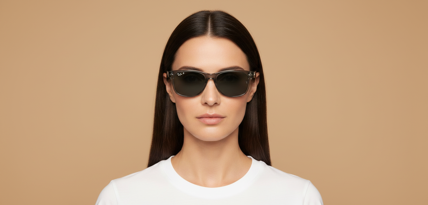 Modelo femenino llevando Gafas de Sol Ray-Ban New Wayfarer RB2132 64503R 55 18