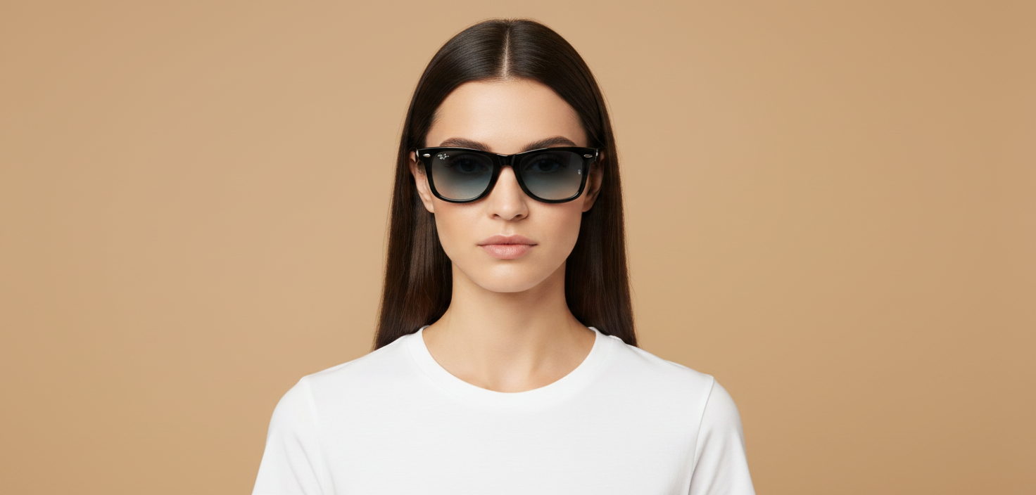 Modelo femenino llevando Gafas de Sol Ray-Ban Wayfarer RB2140 12943M 50 22