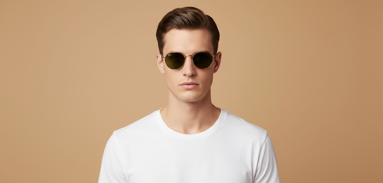 Modelo masculino llevando Gafas de Sol Ray-Ban Round Metal RB3447 001 47 21