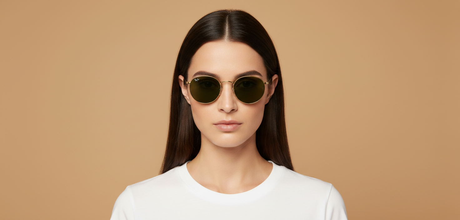 Modelo femenino llevando Gafas de Sol Ray-Ban Round Metal RB3447 001 47 21