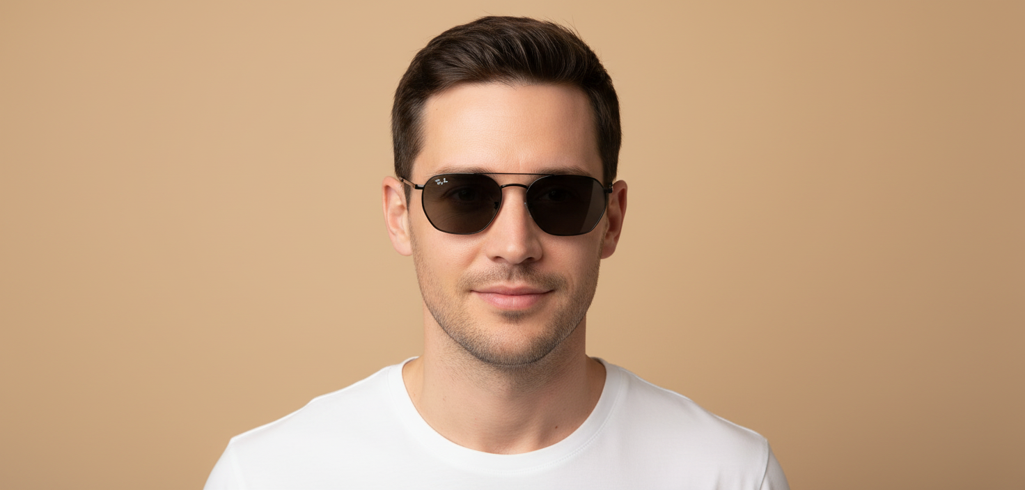 Modelo masculino llevando Gafas de Sol Ray-Ban RB3947 002/B1 57 18