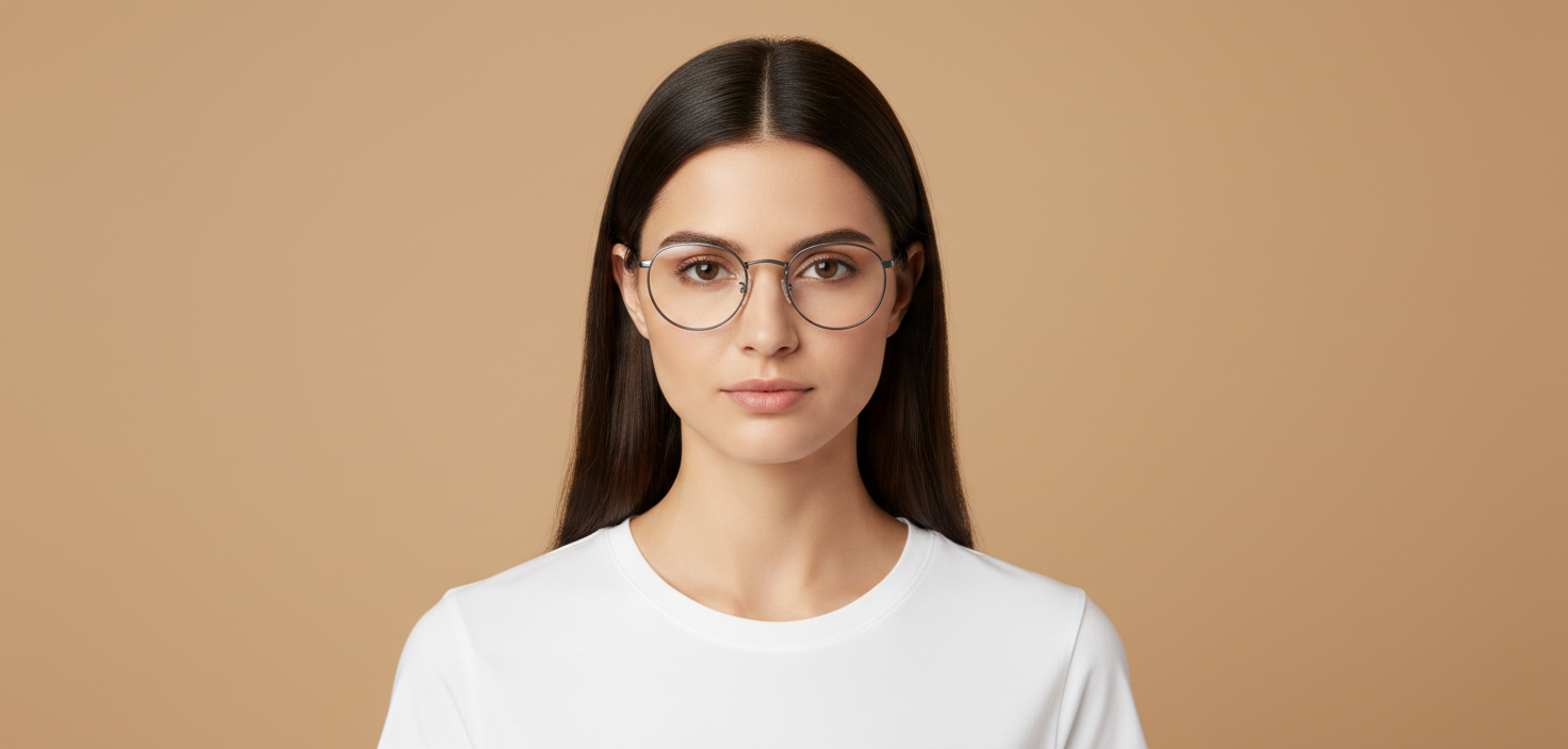 Modelo femenino llevando Gafas Graduadas Ray-Ban Round Metal RX3447V 2502 50 21