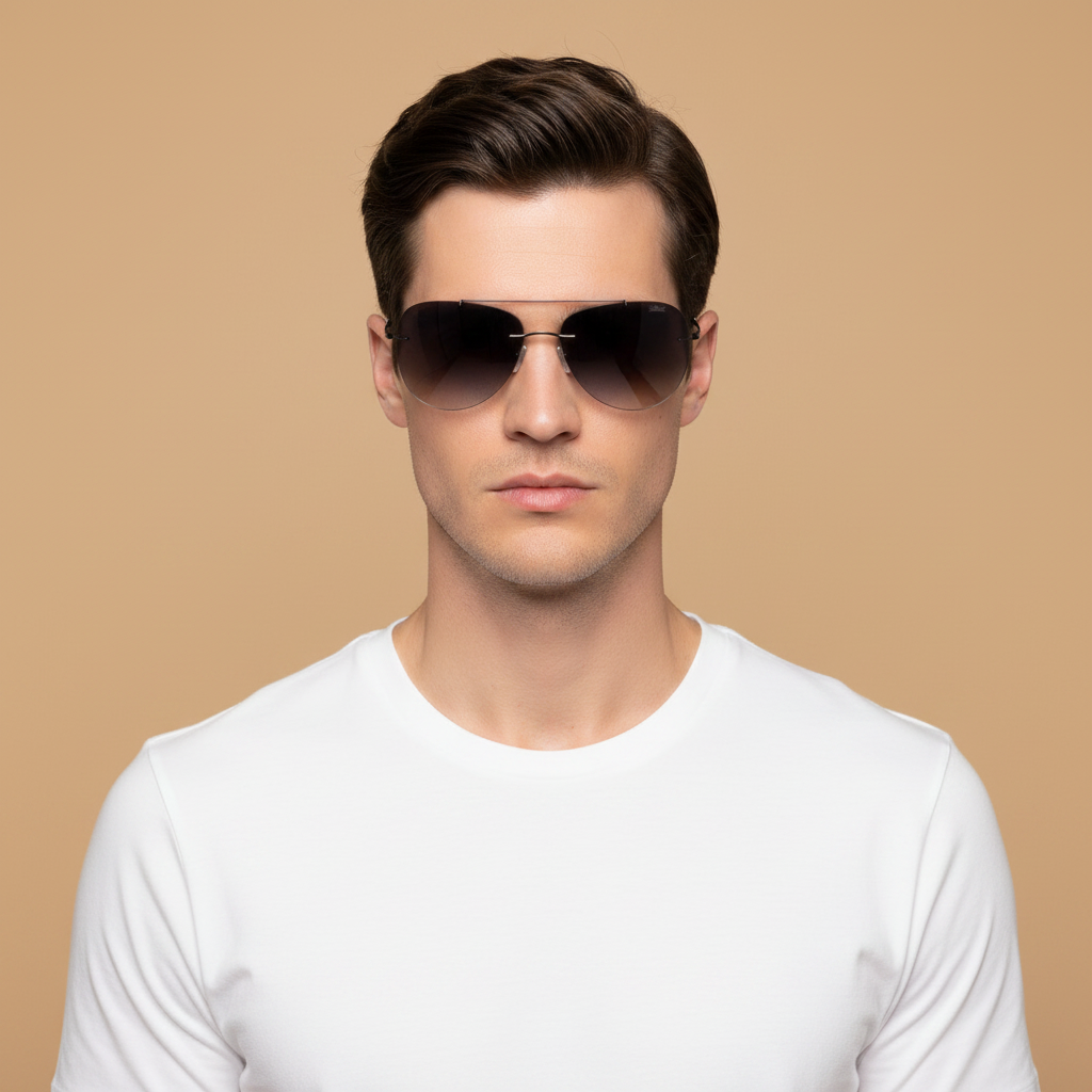 Modelo masculino llevando Gafas de Sol Silhouette Attersee Rimless 8176/75 6560 00 00