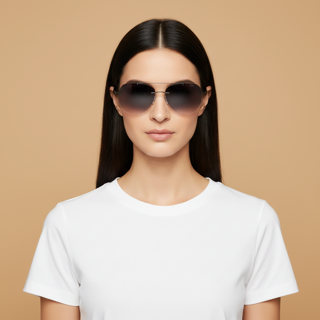 Modelo femenino llevando Gafas de Sol Silhouette Attersee Rimless 8176/75 6560 00 00