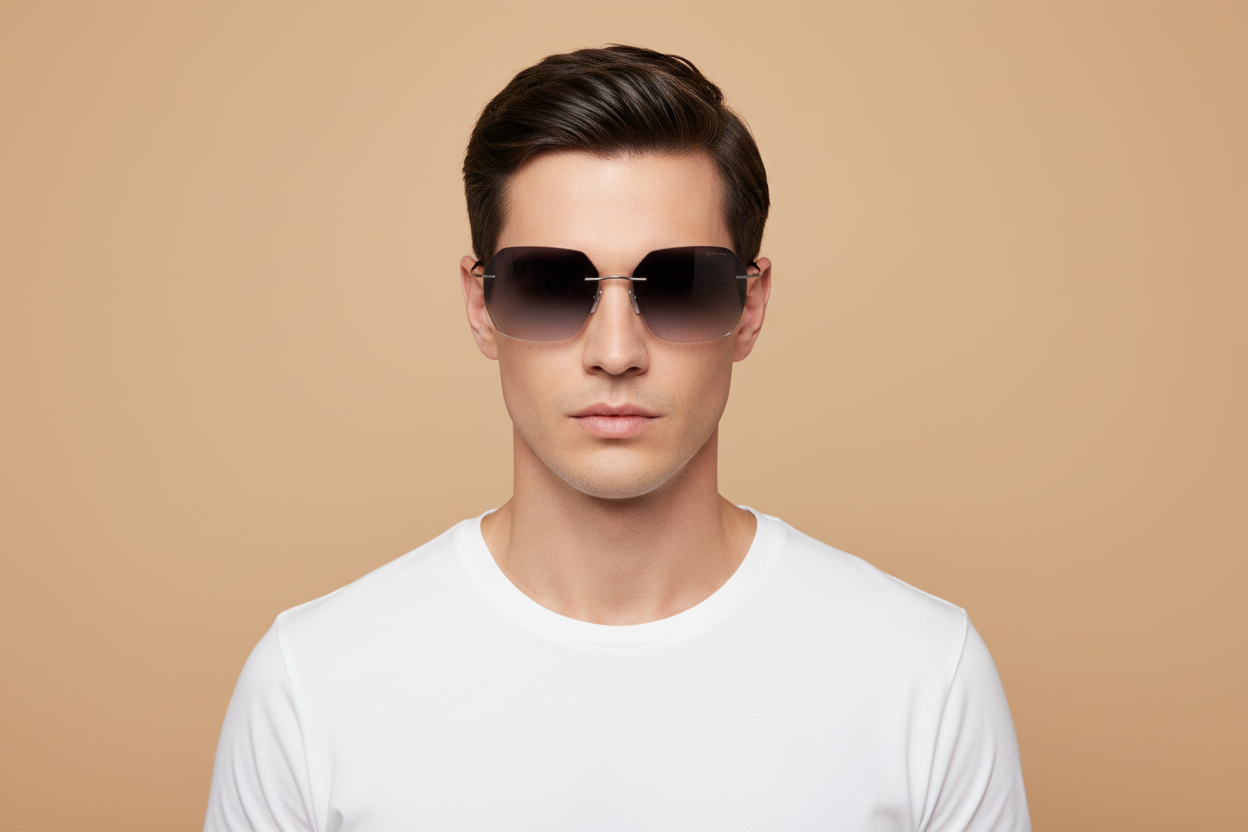 Modelo masculino llevando Gafas de Sol Silhouette Caleum Rimless 8745 75 7210 00 00