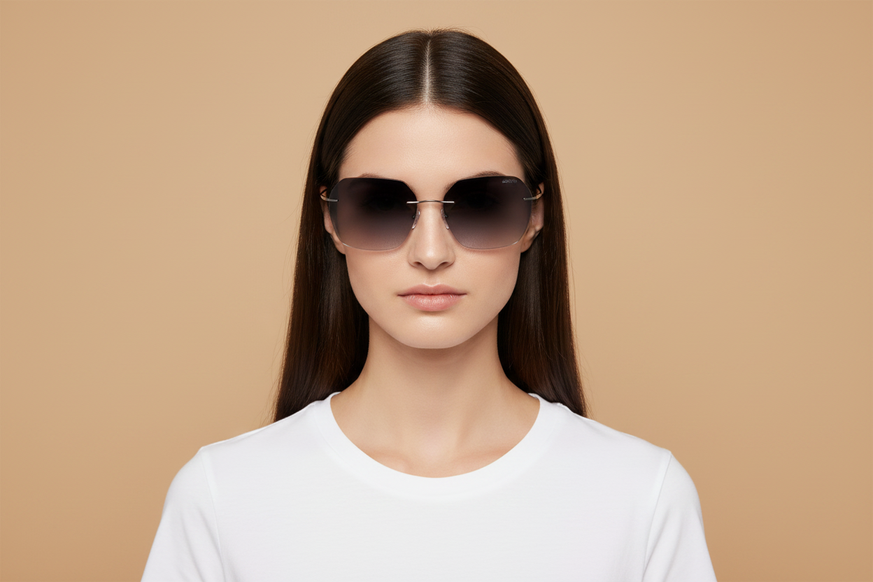 Modelo femenino llevando Gafas de Sol Silhouette Caleum Rimless 8745 75 7210 00 00