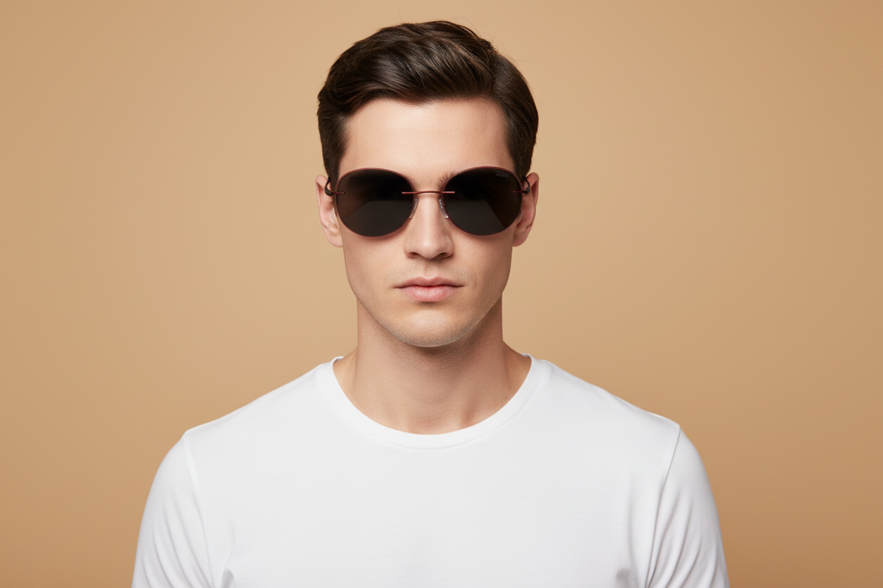 Modelo masculino llevando Gafas de Sol Silhouette Jakomini Rimless 8720 75 3040 00 00