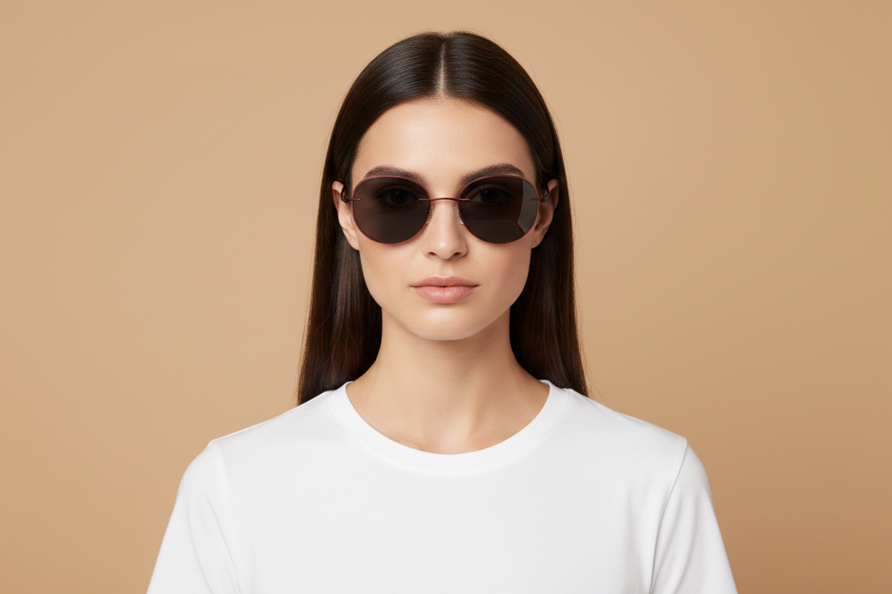 Modelo femenino llevando Gafas de Sol Silhouette Jakomini Rimless 8720 75 3040 00 00