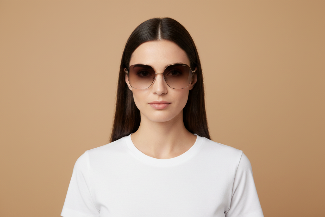 Modelo femenino llevando Gafas de Sol Silhouette Adara Rimless 8192 75 3530 60 17