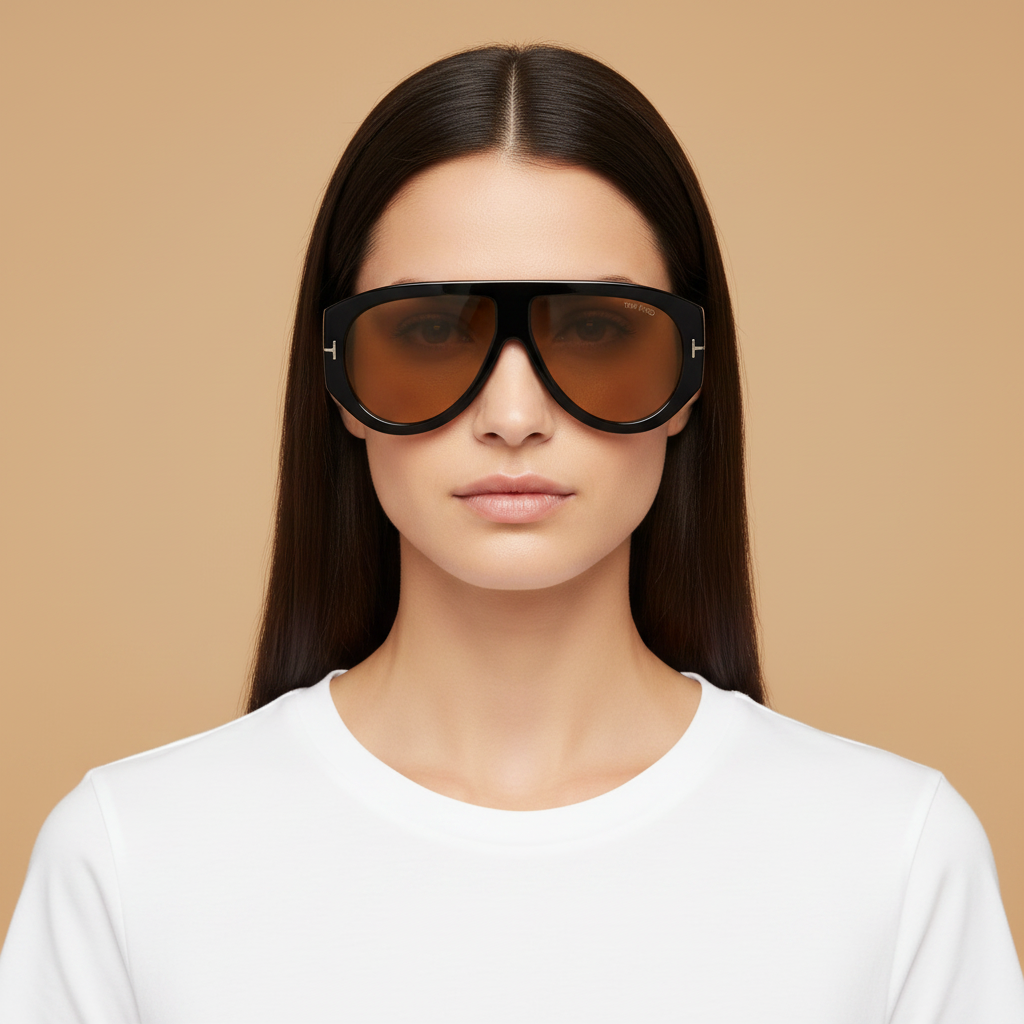 Modelo femenino llevando Gafas de Sol Tom Ford Bronson FT1044 01E 60 12