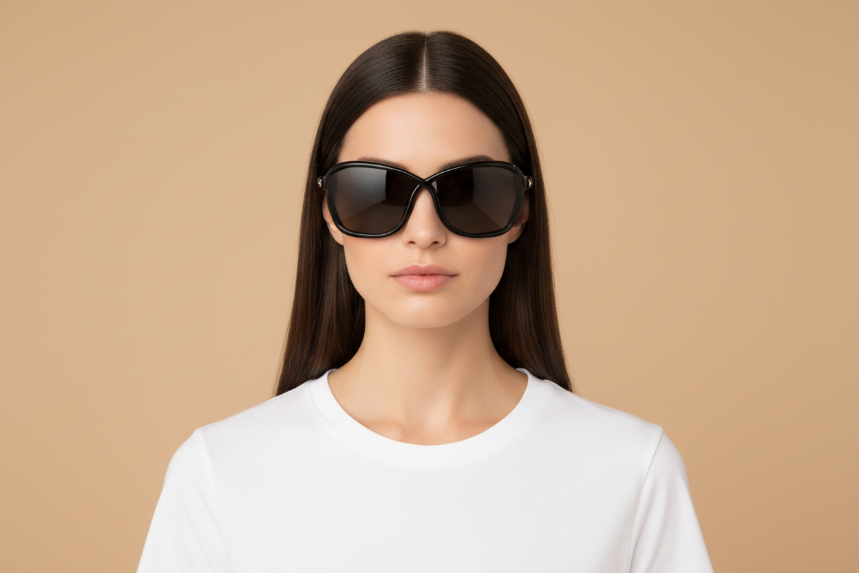 Modelo femenino llevando Gafas de Sol Tom Ford Fernanda FT1069 01A 68 07