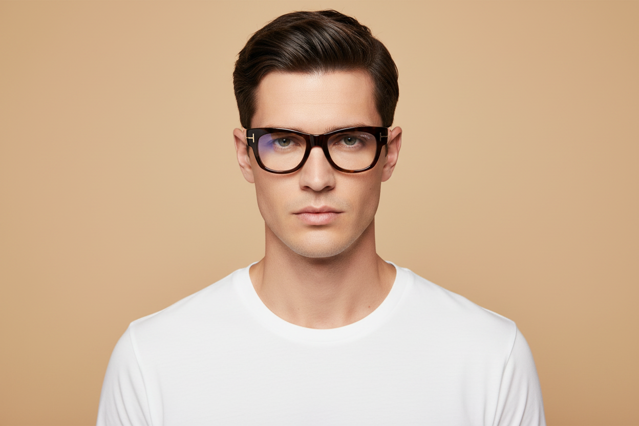 Modelo masculino llevando Gafas Graduadas Tom Ford TF5532B 01V 49 21
