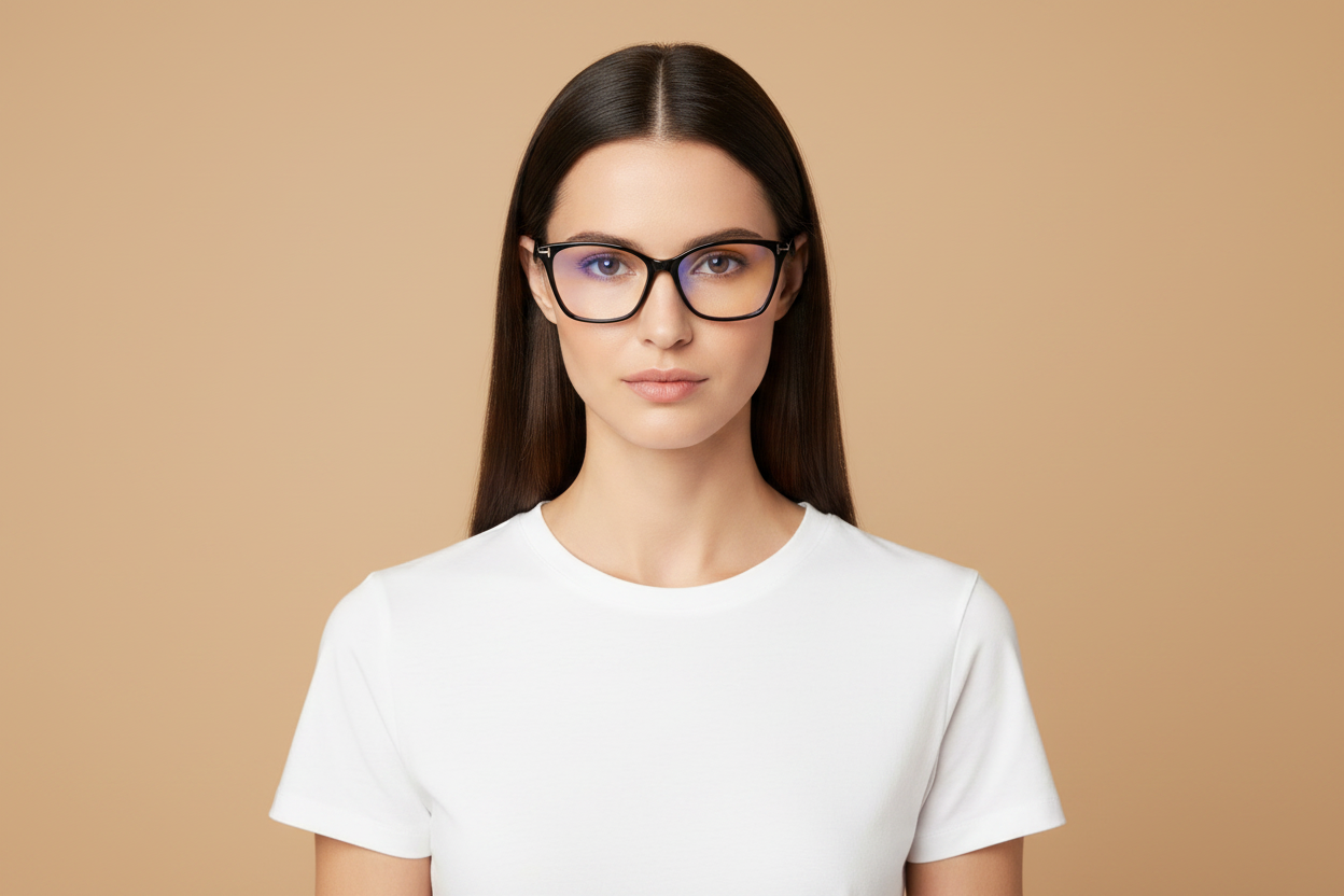 Weibliches Modell trägt Korrektionsbrillen Tom Ford TF5949B 001 56 15