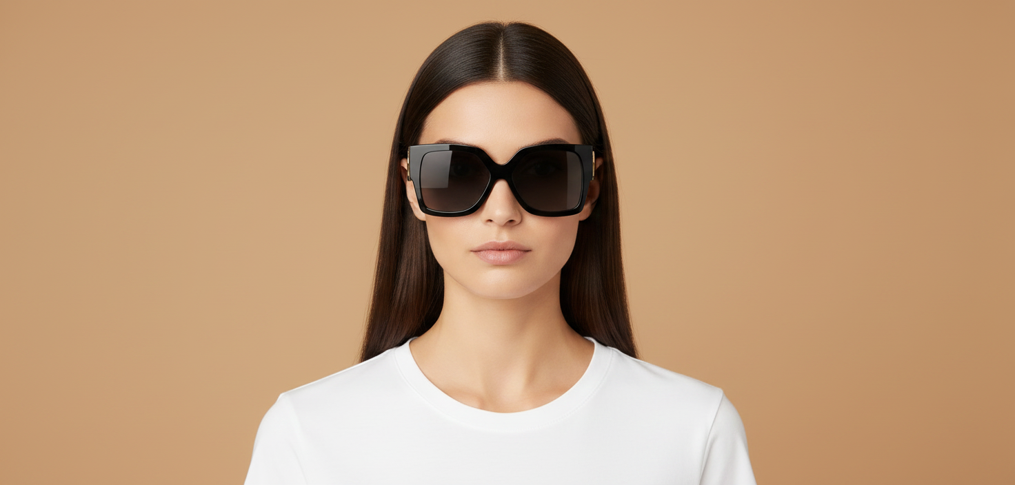 Modelo femenino llevando Gafas de Sol Versace Greca VE4402 GB1/87 59 16