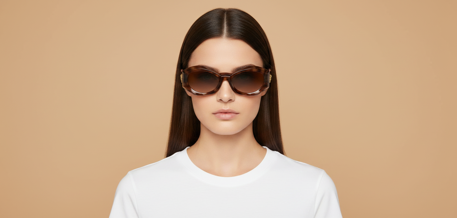 Weibliches Modell trägt Sonnenbrillen Versace VE4466U 54613B 54 19